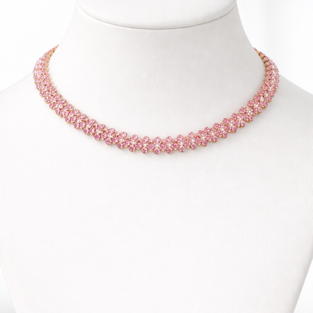 Pink CZ Tennis Necklace Gold Tone Choker | Statement Sparkle